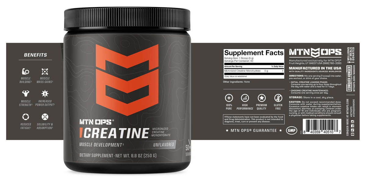 MTN OPS Micronized Creatine Monohydrate Powder – Unflavored 5 g per Serving, 50 Servings – Pure Creatine for Men for Muscle Recovery & Strength Training MTN OPSBuy Supplements Australia