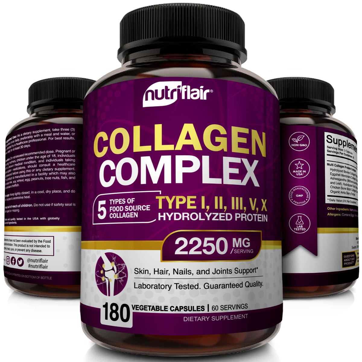 NutriFlair Multi Collagen Peptides 2250mg - Type I, II, III, V, X - Collagen Supplements Complex Powder Pills for Women and Men - Hydrolyzed Protein, Healthy Hair, Skin, Nails - Non-GMO (180 Capsules) NutriFlair buy supplements Au