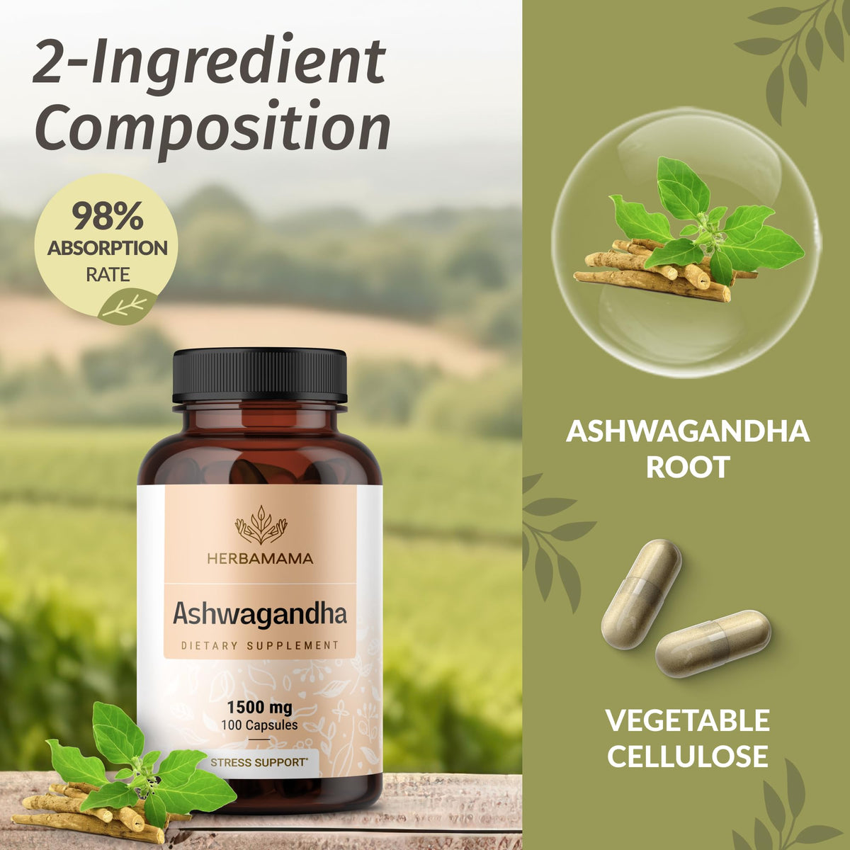 HERBAMAMA Ashwagandha Capsules - 1500mg Pure Ashwagandha Root Focus Supplement - Vegan, Non-GMO Mood & Calm Support Supplement for Adults, 100 Caps HERBAMAMABuy Supplements Australia