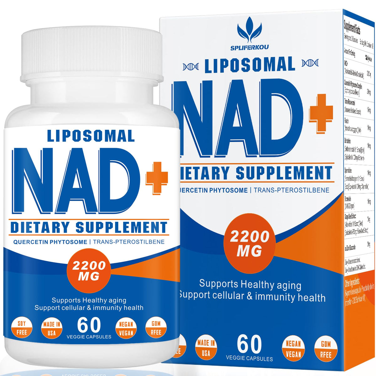 Liposomal NAD+ dietary supplement bottle and packaging on a white background
