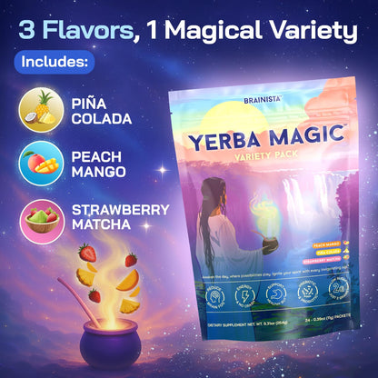 Yerba Magic Instant Yerba Mate Powder Packets – Clean Energy & Focus Drink Mix for Gut Health – Nootropic Blend with Lion’s Mane, L-Theanine, Prebiotics & Probiotics – Low Sugar Natural Caffeine – Variety Pack, 24 Sticks BrainistaBuy Supplements Australia