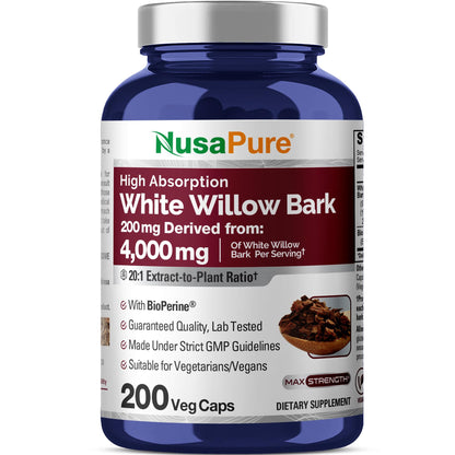 NusaPure White Willow Bark 20:1 Extract, 200 mg Equivalent to 4000mg, 200 Veggie Capsules, Max Strength, (Non-GMO, Vegan) NusaPureBuy Supplements Australia