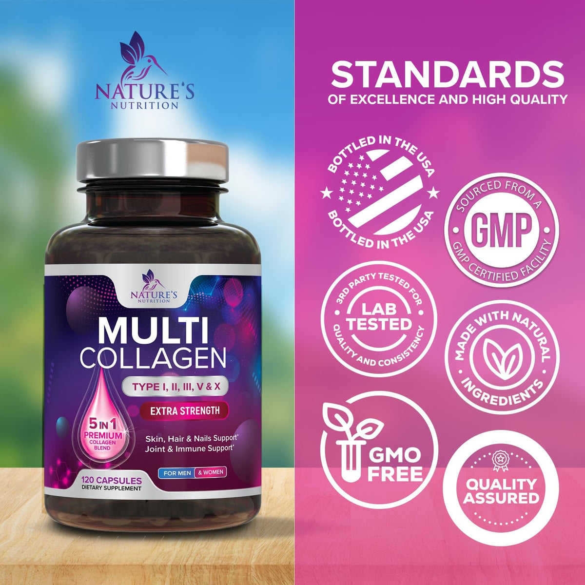 Multi Collagen Pills 2400 mg - Advanced Types I, II, III, V, X - Hydrolyzed Multi Collagen Peptides Pills, Collagen Supplements for Women & Men - Hair, Skin, & Nail Support Supplement - 120 Capsules Nature's NutritionBuy Supplements Australia