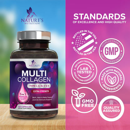 Multi Collagen Pills 2400 mg - Advanced Types I, II, III, V, X - Hydrolyzed Multi Collagen Peptides Pills, Collagen Supplements for Women & Men - Hair, Skin, & Nail Support Supplement - 120 Capsules Nature's NutritionBuy Supplements Australia