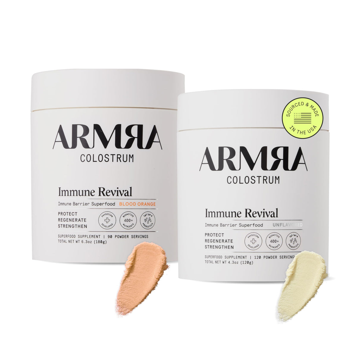 ARMRA Colostrum™ Premium Powder, Grass Fed, Gut Health Bloating Immunity Skin & Hair, Contains 400+ Bioactive Nutrients, Potent Bioavailable, Keto, Gluten & Fat Free (Unflavored and Blood Orange Jars) ARMRABuy Supplements Australia