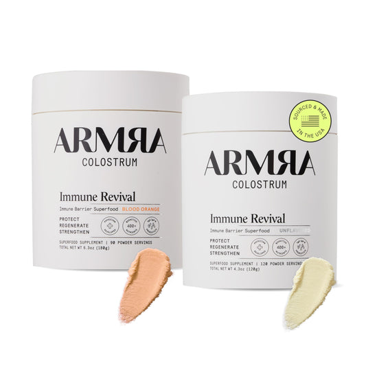 ARMRA Colostrum™ Premium Powder, Grass Fed, Gut Health Bloating Immunity Skin & Hair, Contains 400+ Bioactive Nutrients, Potent Bioavailable, Keto, Gluten & Fat Free (Unflavored and Blood Orange Jars) ARMRABuy Supplements Australia