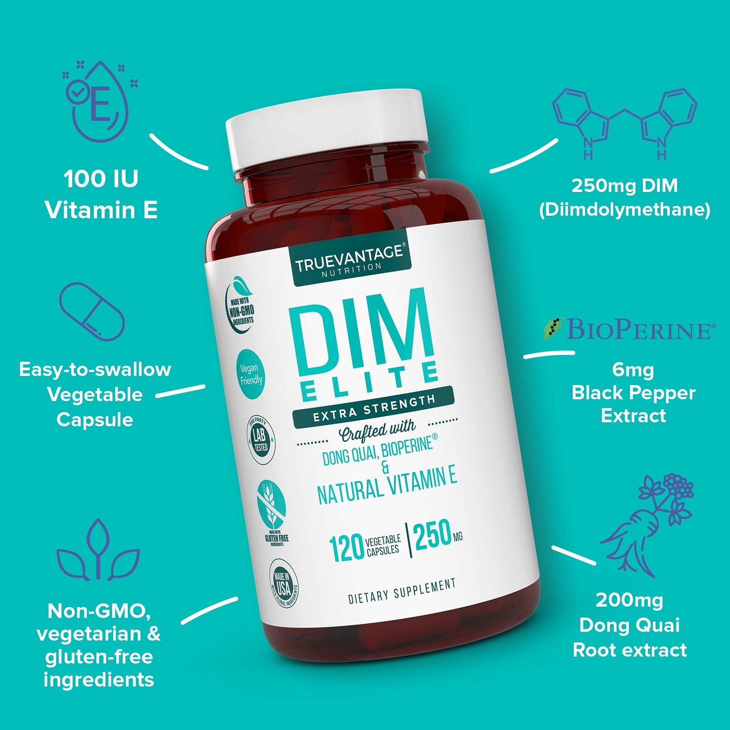 DIM Supplement 250mg (Diindolylmethane)-Plus Dong Quai, Natural Vitamin E & BioPerine - Supports Menopause Relief & Hormonal Acne -Hormone Balance Support for Women and Men-Veggie Caps Truevantage NutritionBuy Supplements Australia