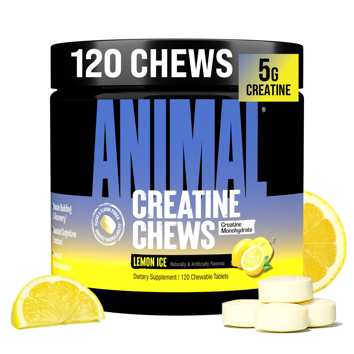 Animal Creatine Chews Tablets - Enhanced Creatine Monohydrate with AstraGin to Improve Absorption, Sea Salt for Added Pumps, Delicious and Convenient Chewable Tablets - Lemon Ice AnimalBuy Supplements Australia