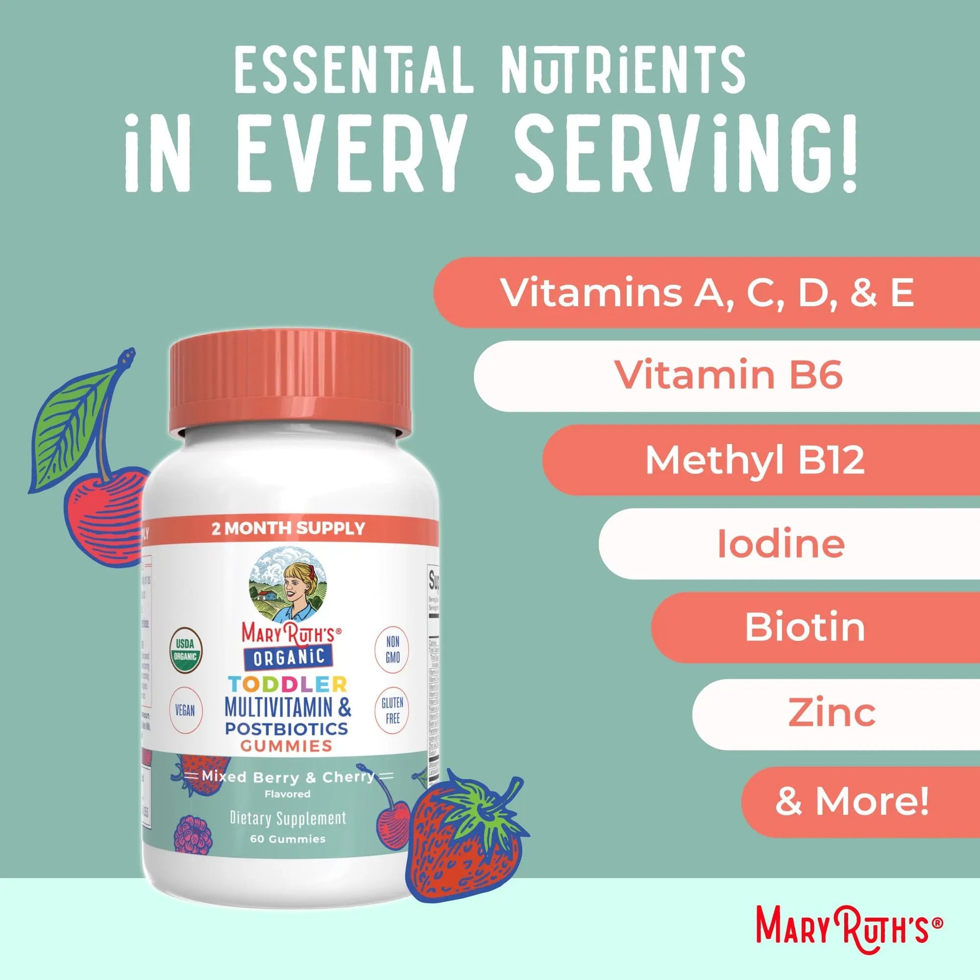 MaryRuth Organics Toddler Multivitamin Gummies + Postbiotics | USDA Organic | Vitamins for Kids Ages 2+ | Immune Support | Vitamin C | Vitamin D3 | Vitamin A | Zinc | Vegan | Non-GMO | 60 Servings MARYRUTH'SBuy Supplements Australia
