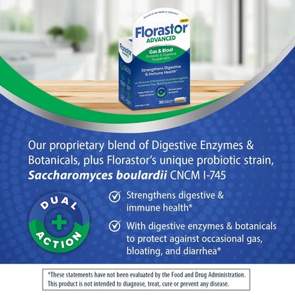 Florastor Advanced Gas and Bloat Probiotic, Digestive Enzymes and Botanicals, Plus Probiotics for Digestive Health, 30 Capsules FlorastorBuy Supplements Australia