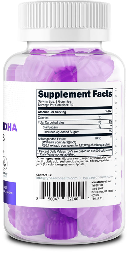 Type Zero Ashwagandha Gummies 60 Gummies for 30 Servings Per Bottle - Ashwagandha Herbal Extract Supplement, Gluten Free, GMO Free Type Zero buy supplements Au