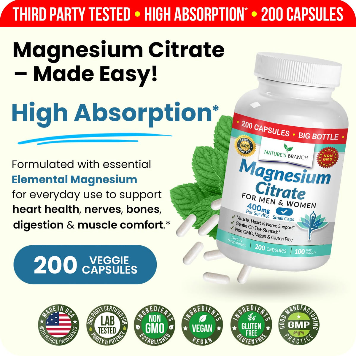 Magnesium Citrate 400mg | 200 Capsules, High Absorption for Sleep, Relax, Leg Cramps, Energy, Extra Strength Easy to Swallow Small Pills for Women & Men, Vegan Supplement for Digestion, Not Tablets NATURE'S BRANCHBuy Supplements Australia