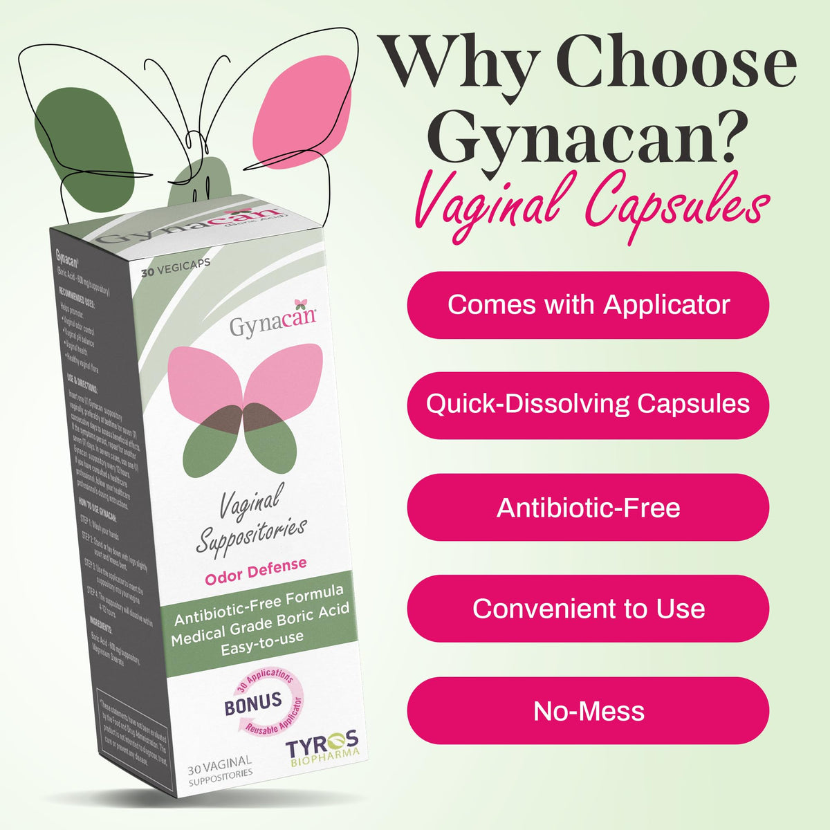 Gynacan Boric Acid Suppositories for Women - pH Balance Vaginal Treatment for Women Odor Prevention, Pure Formula, No-Mess Applicator, Gentle & Effective GynacanBuy Supplements Australia
