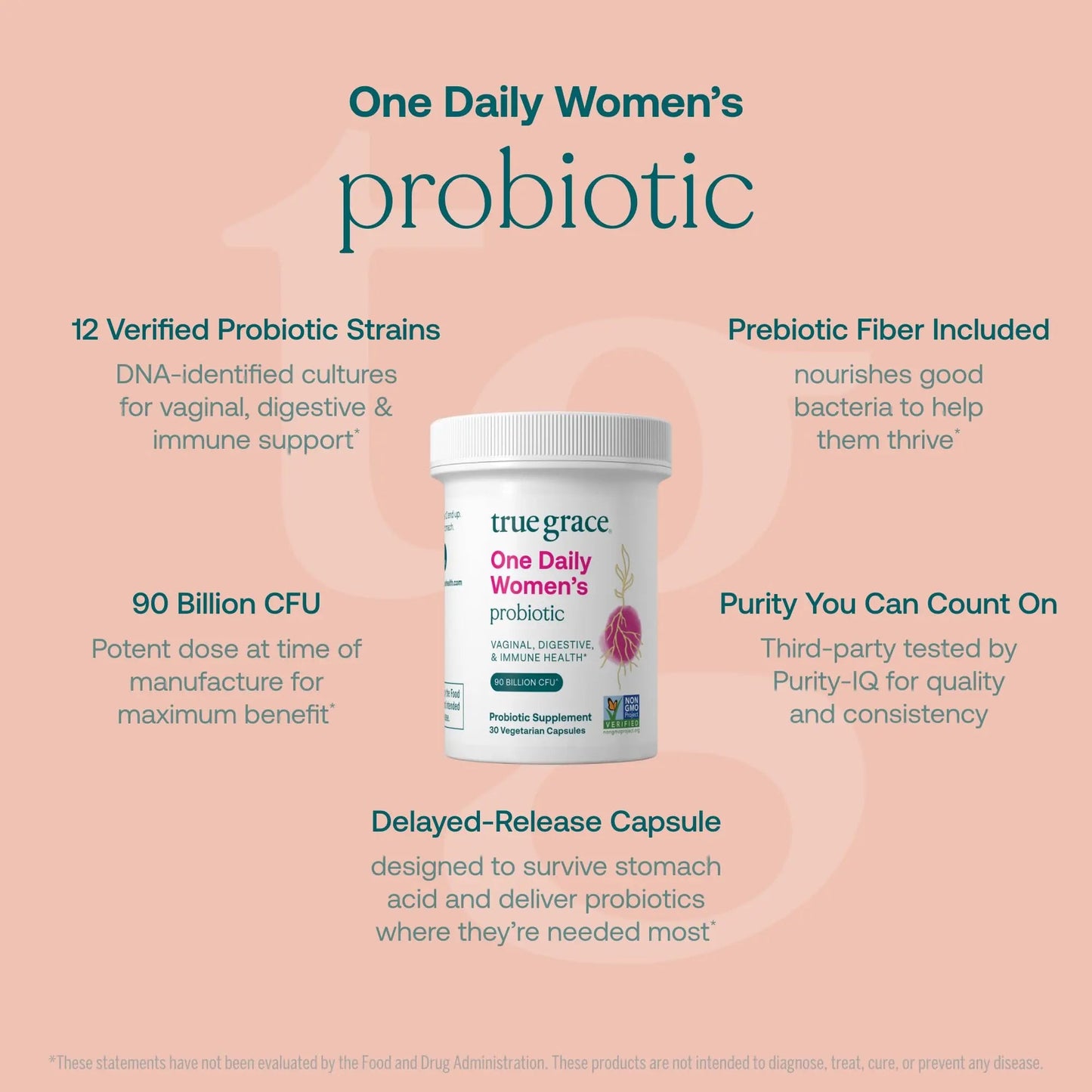 True Grace One Daily Women’s Probiotic - 30 Vegetarian Capsules - 90 Billion CFU - Digestive, Vaginal & Immune Health - Gluten & Soy Free True GraceBuy Supplements Australia