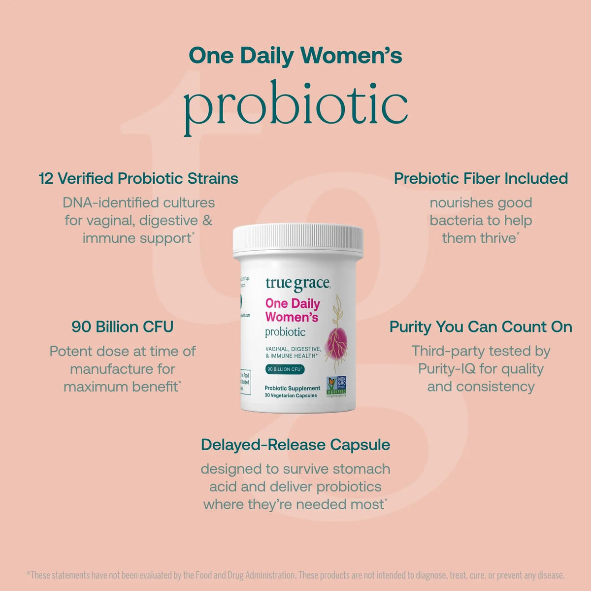 True Grace One Daily Women’s Probiotic - 30 Vegetarian Capsules - 90 Billion CFU - Digestive, Vaginal & Immune Health - Gluten & Soy Free True GraceBuy Supplements Australia
