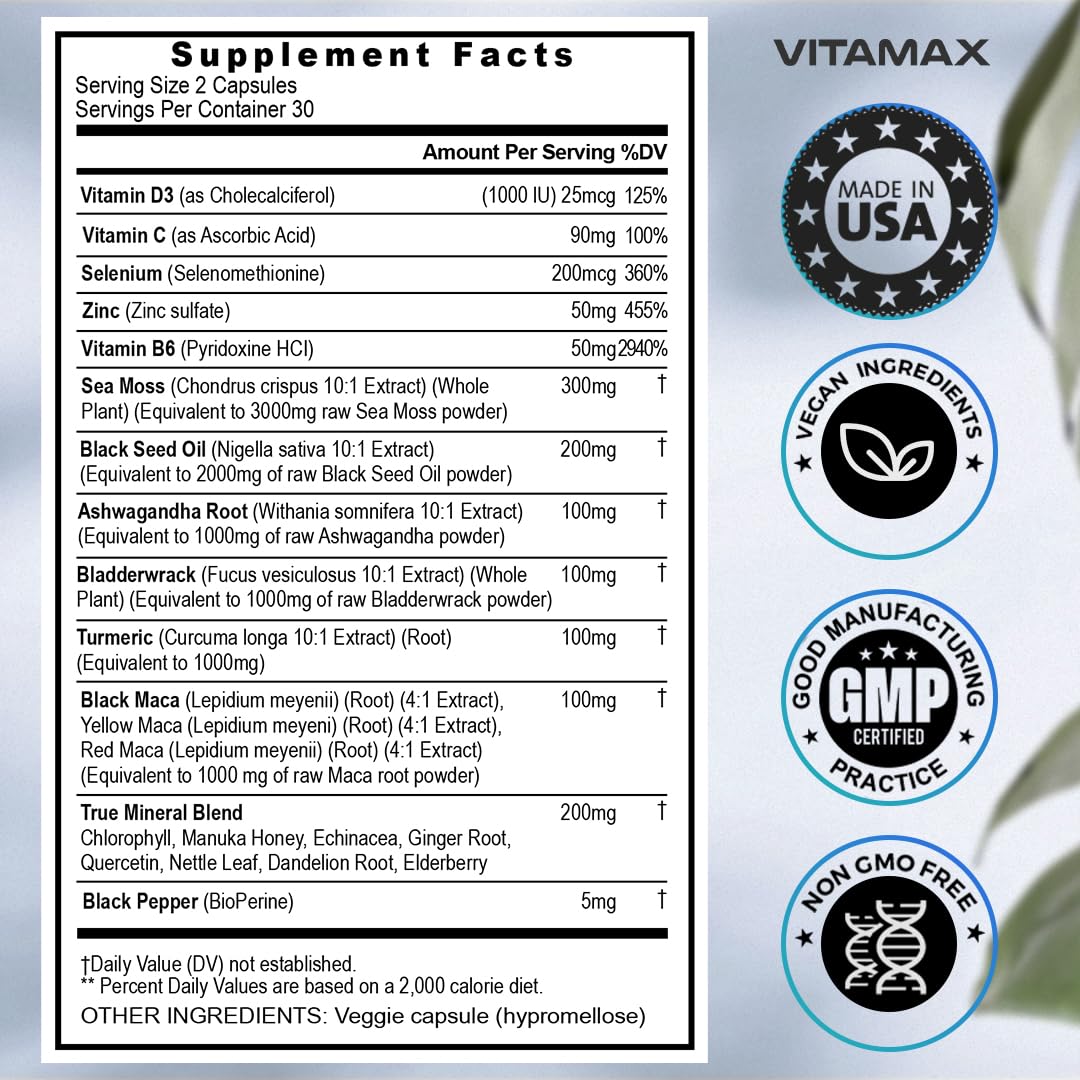 Sea Moss 3000mg Maca 1000mg Black Seed Oil 2000mg Ashwagandha 1000mg Bladderw VitamaxBuy Supplements Australia