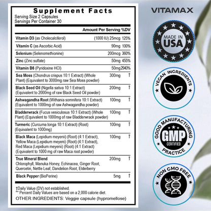 Sea Moss 3000mg Maca 1000mg Black Seed Oil 2000mg Ashwagandha 1000mg Bladderw VitamaxBuy Supplements Australia