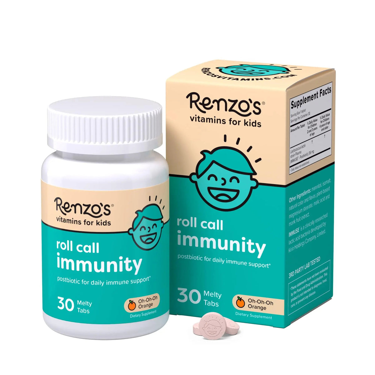 Renzo's Roll Call Immunity - Dissolvable Kids Immune Support Supplement with IMMUSE Postbiotic, Sugar-Free Kids Vitamins, 30 Orange-Flavored Melty Tabs Renzo'sBuy Supplements Australia