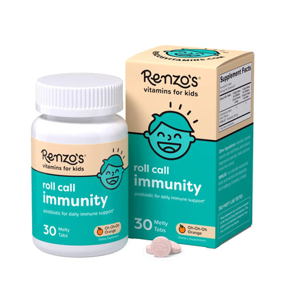 Renzo's Roll Call Immunity - Dissolvable Kids Immune Support Supplement with IMMUSE Postbiotic, Sugar-Free Kids Vitamins, 30 Orange-Flavored Melty Tabs Renzo'sBuy Supplements Australia
