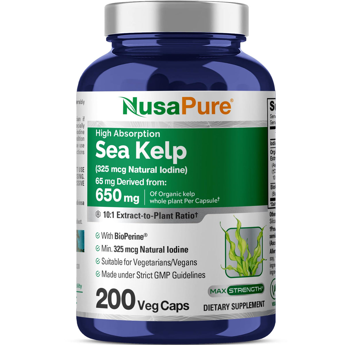 NusaPure Sea Kelp Natural Iodine 325mcg 10:1 Extract, 65 mg Equivalent to 650 mg Capsule 200 Count (Non-GMO, Vegan) NusaPureBuy Supplements Australia