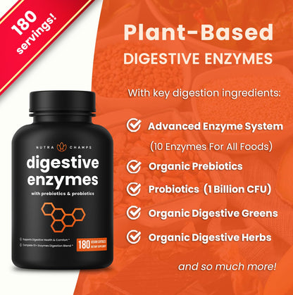 NutraChamps Digestive Enzymes with Probiotics and Prebiotics for Women & Men - 180 Vegan Capsules with Bromelain for Bloating & Optimal Gut Health