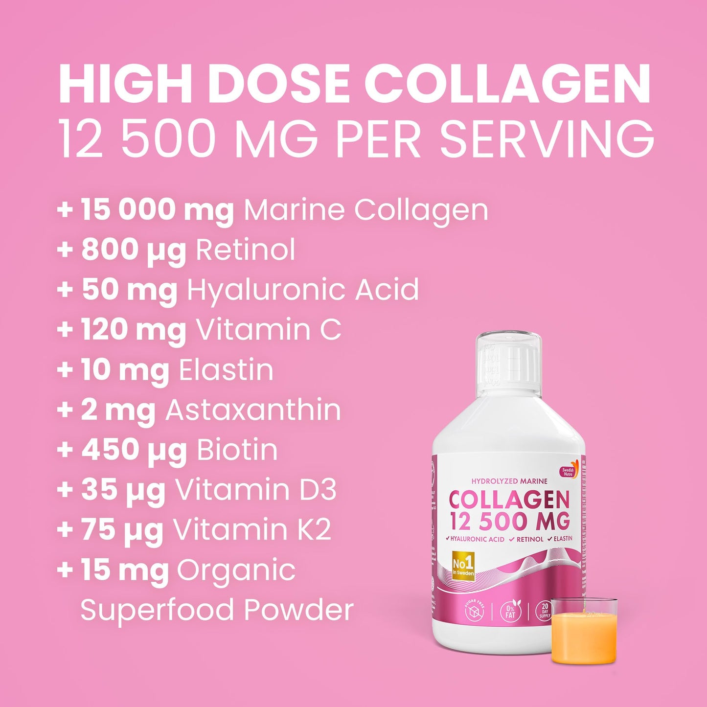 Swedish Nutra 12,500mg Liquid Marine Collagen Hydrolyzed Peptide (Type 1 & 3) | 20 Day Supply, 500 ml | Hyaluronic Acid, Biotin & Vitamins for Hair, Skin, Nails & Joints | For Men & Women | Sugar Free Swedish Nutra buy supplements Au