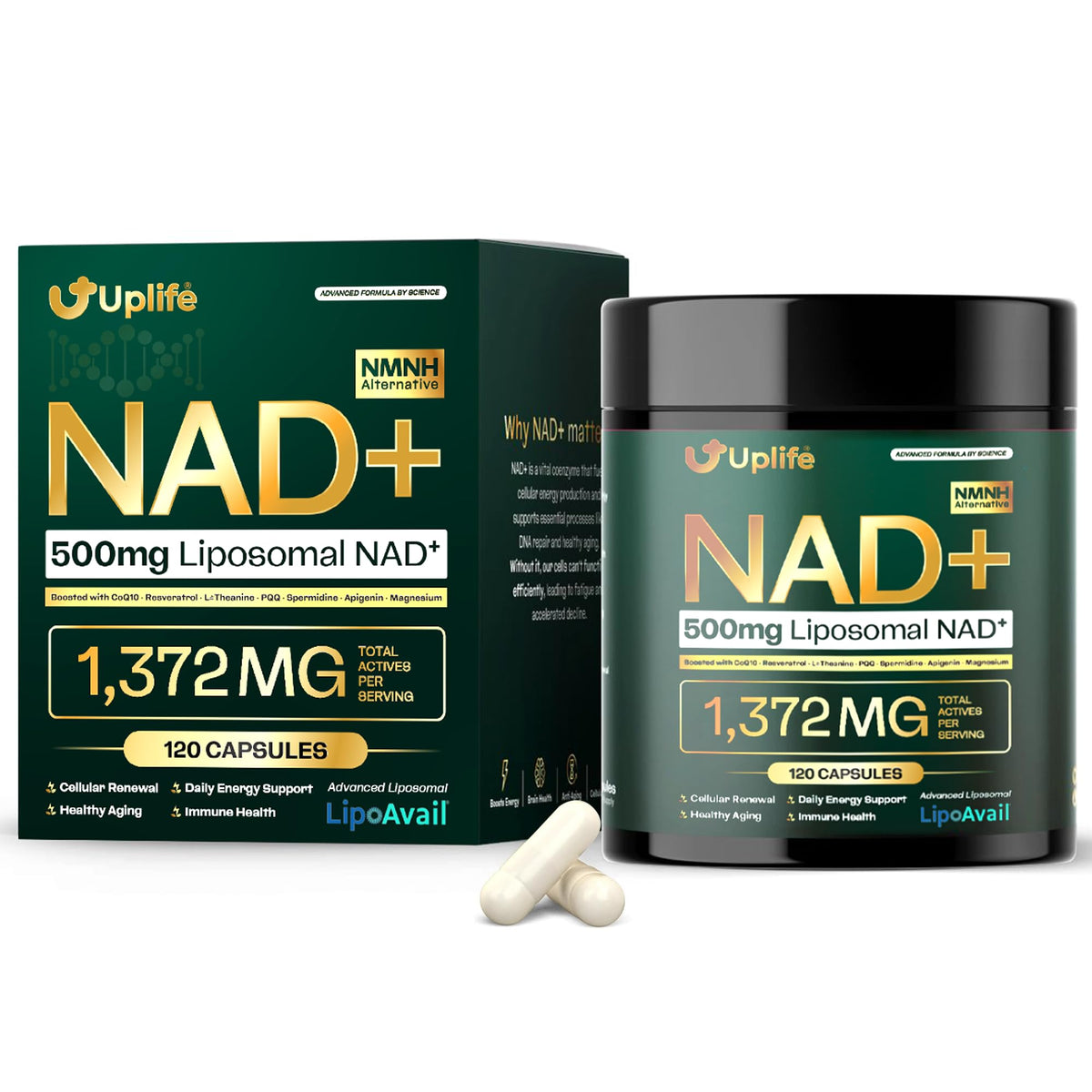 UPLIFE NAD+ Supplement 1,372mg – Liposomal NAD+ with CoQ10, Resveratrol, Spermidine, L-Theanine, Apigenin & PQQ – NMNH Alternative Booster Cellular Energy, Healthy Aging, Immune Health – 120 Capsules UPLIFEBuy Supplements Australia