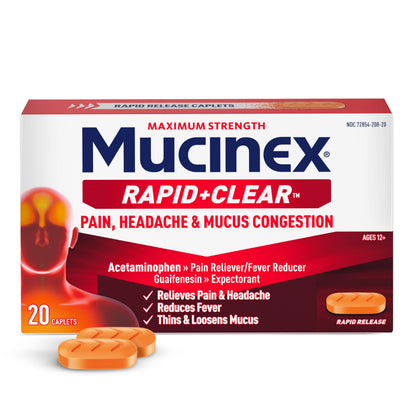 Mucinex Rapid Clear Maximum Strength Cold Medicine & Expectorant, Fever, Pain, Headache, & Excess Mucus Relief with Acetaminophen & Guaifenesin, Rapid Release Caplets for Adults, 20 Count Mucinex buy supplements Au