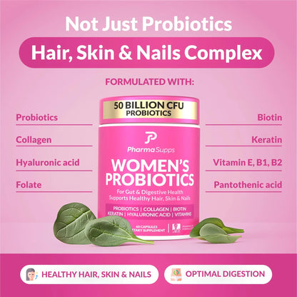 ADVANCED Women's Probiotics for Gut Health - Hair, Skin, & Nails Vitamins Support - 50 Billion CFU w/ Collagen, Biotin & Keratin - Probiotic Supplement for Digestive Health & Bloating Relief, USA-Made PharmaSupps buy supplements Au