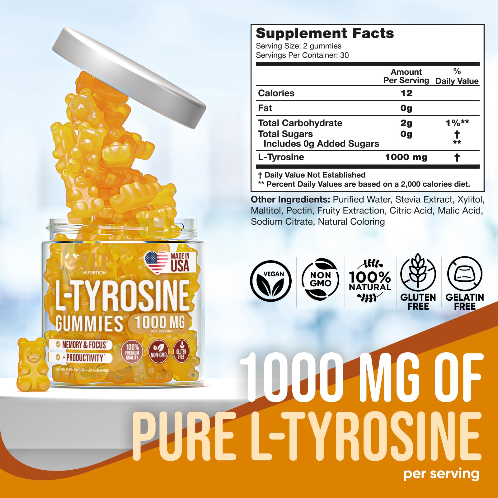 Joyli L Tyrosine Gummies 1000MG - L-Tyrosine Supplement for Kids & Adults - Calm & Focus Gummies for Brain, Memory, Mood, and Energy - 500mg L- Tyrosine Powder per Gummy - Vegan, Gluten-Free JOYLI NutritionBuy Supplements Australia