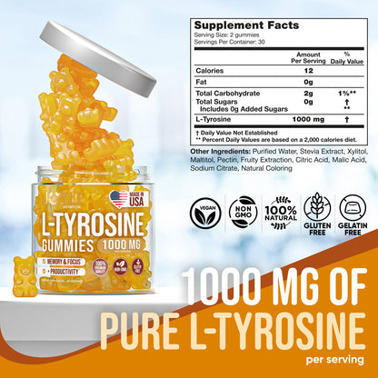 Joyli L Tyrosine Gummies 1000MG - L-Tyrosine Supplement for Kids & Adults - Calm & Focus Gummies for Brain, Memory, Mood, and Energy - 500mg L- Tyrosine Powder per Gummy - Vegan, Gluten-Free JOYLI NutritionBuy Supplements Australia