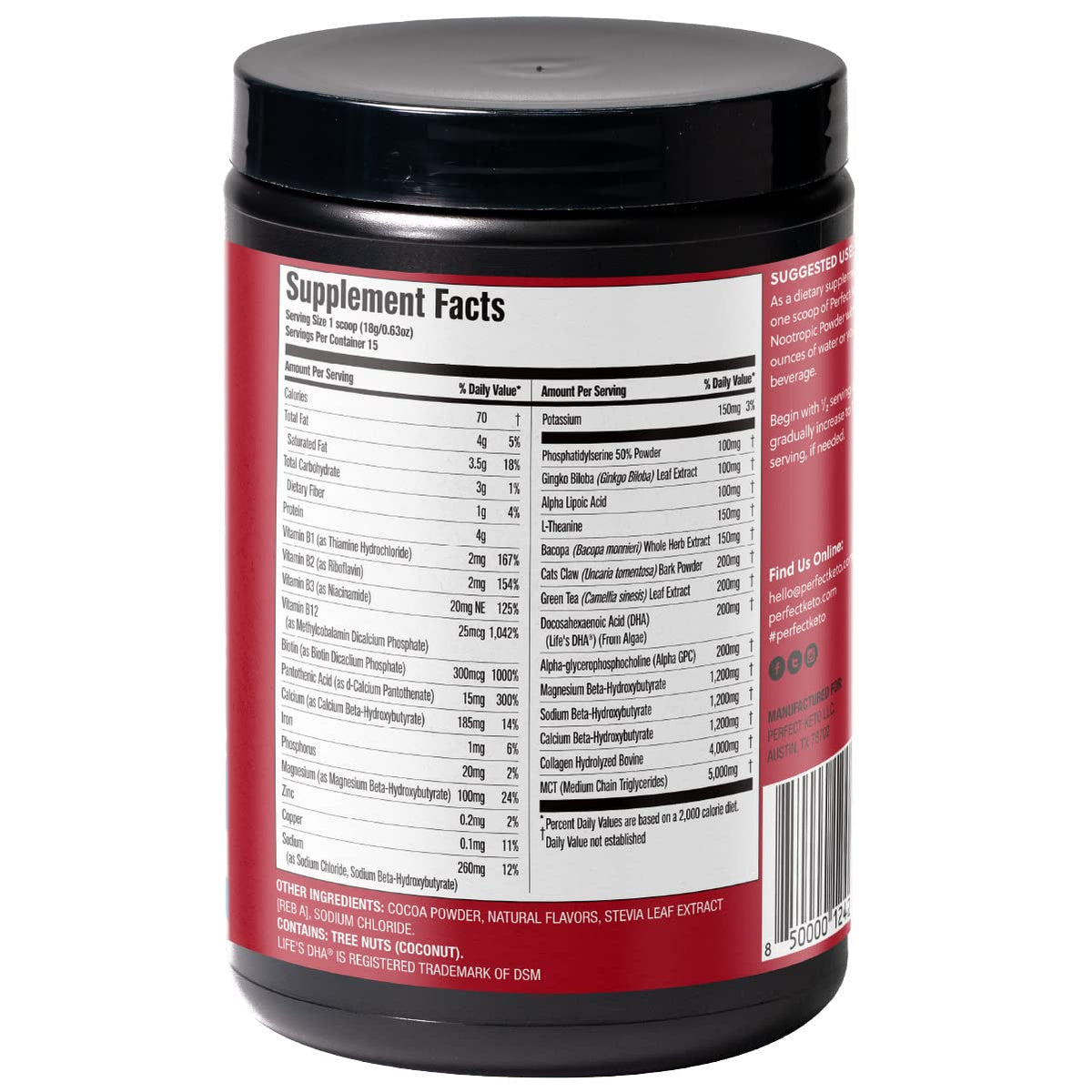Perfect Keto Nootropic Brain Support, Caffeine Free Focus and Energy Supplement with Alpha Lipoic Acid, L Theanine, Ginkgo Biloba, Alpha GPC, MCT's, Collagen, Ketones, Chocolate Drink Mix, 15 Servings Perfect KetoBuy Supplements Australia