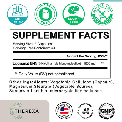 NMN Supplement 1000mg Pure - Liposomal NMN for NAD+ Supplement, Tested in USA, 60 Capsules THEREXABuy Supplements Australia