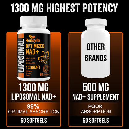 Rossylla 1300 MG Liposomal NAD+ Supplement | Highest Absorption | Purest NAD Supplemet to Boost NAD+ Effetively | Boosting NAD+ Supplement for Aging Defese, Cellular Energy, Longevity | 120 Count RossyllaBuy Supplements Australia