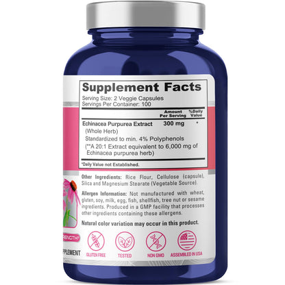 NusaPure Echinacea 20:1 Extract, 300 mg Equivalent to 6,000mg 200 Veggie Caps, Vegan, Non-GMO, Gluten Free Supplement NusaPureBuy Supplements Australia