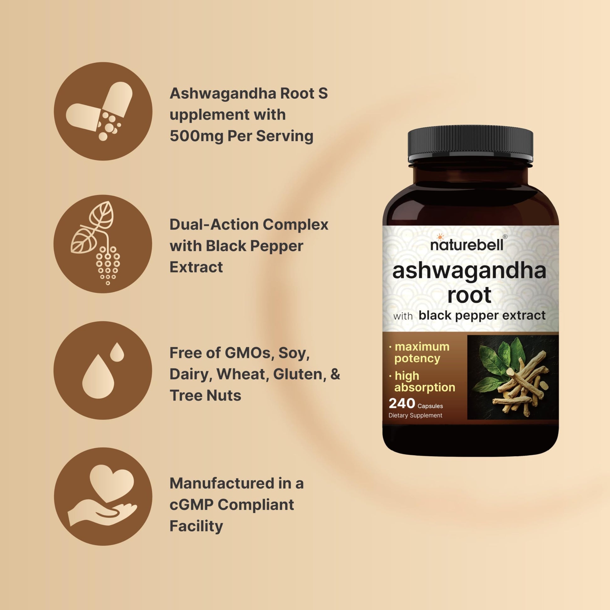 NatureBell Ashwagandha Root with Black Pepper Extract - 240 Capsules - High Strength Adaptogen for Calmness, Relaxation & Immune Support* NatureBellBuy Supplements Australia