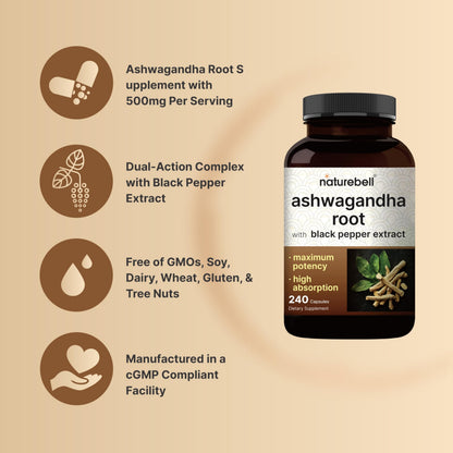 NatureBell Ashwagandha Root with Black Pepper Extract - 240 Capsules - High Strength Adaptogen for Calmness, Relaxation & Immune Support* NatureBellBuy Supplements Australia