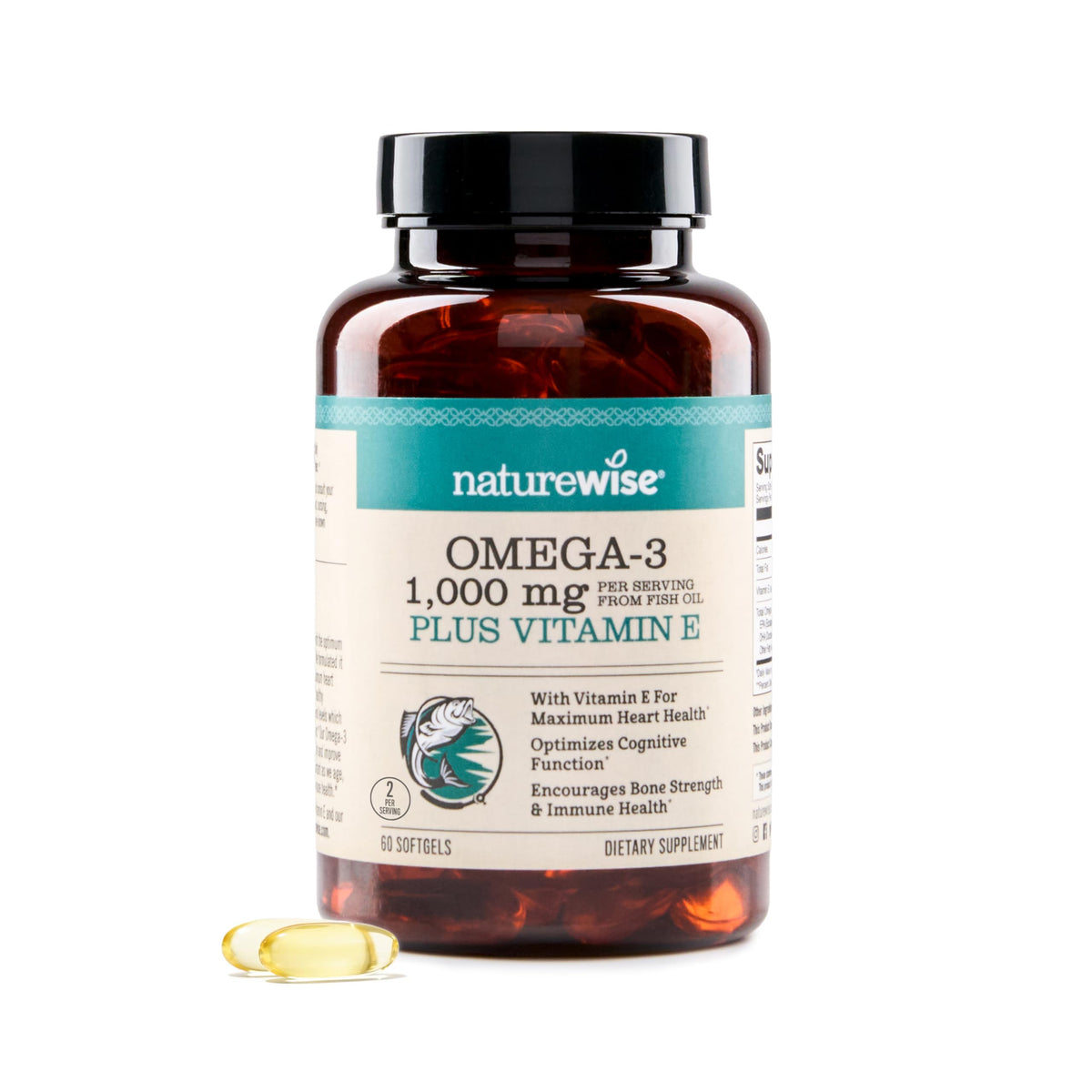NatureWise Extra-Strength Omega 3 Fish Oil Supplement - 1000mg per Serving - 600 EPA & 400 DHA and Vitamin E - Support for Heart & Brain Health