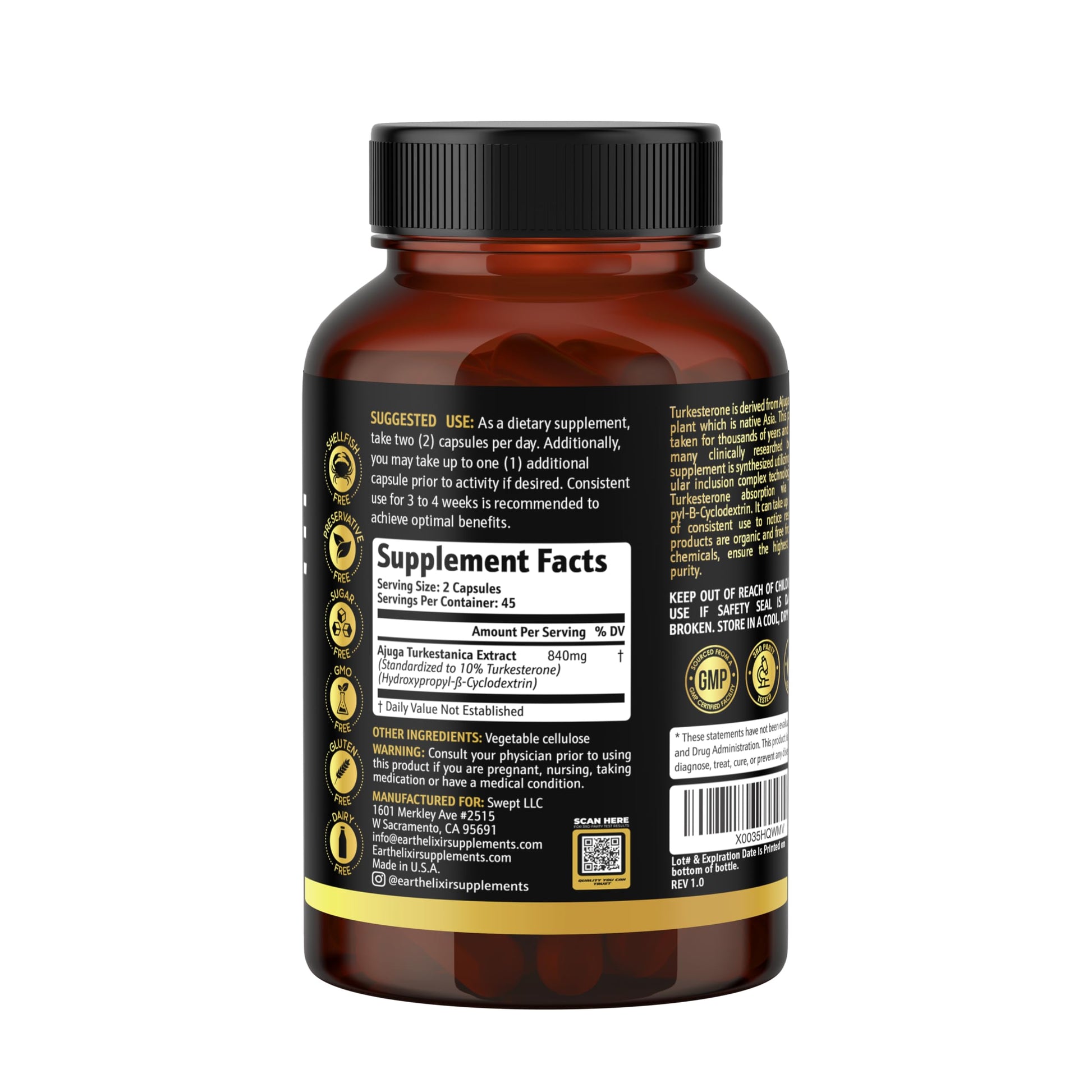 Turkesterone 840 mg – Natural Testosterone Support - 100% Pure Turkesterone Supplement for Men & Women - Ajuga Turkestanica Extract - Made in USA & 3rd Party Tested for Strength, Energy & Vitality Earth ElixirBuy Supplements Australia