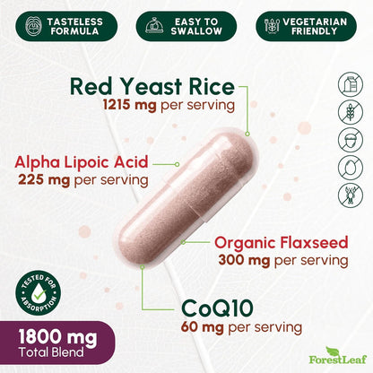 Red Yeast Rice 1215 mg. Capsules - Extra Strength Red Rice Yeast with CoQ10 Supplement, Plus Alpha Lipoic Acid & Organic Flaxseed, Citrinin Free,