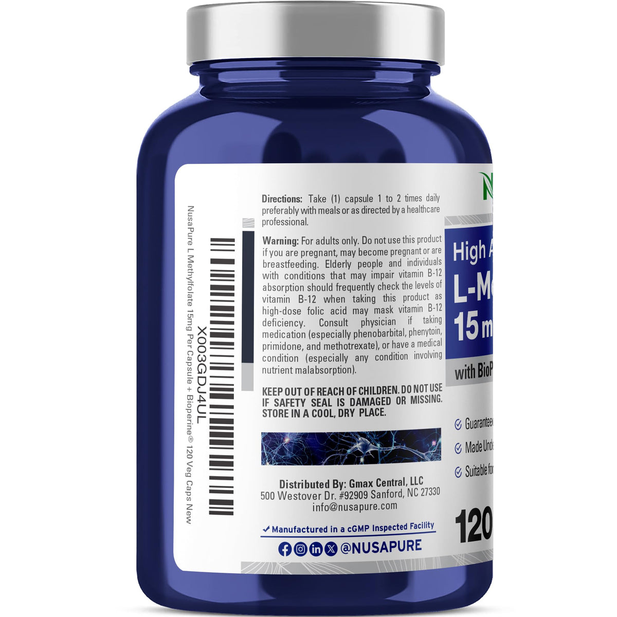 NusaPure L Methylfolate 15mg, 120 Veggie Capsules, Bioperine & Vegan NusaPureBuy Supplements Australia