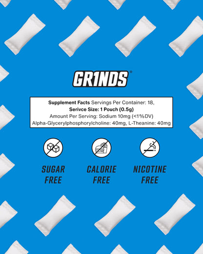 GRINDS Focus Pouches - Naturally Flavored with Nootropic Ingredients - Contains Alpha GPC and L-Theanine - Nicotine-Free, Sugar-Free - 3 Pack, 18 Pouches Per Can - Blue Raspberry GRINDSBuy Supplements Australia