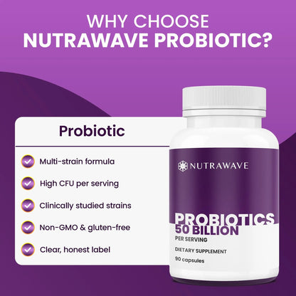Nutrawave 50 Billion Probiotics for Women & Men, 15 Strains Active Culture. Relieves Bloating & Constipation, Improved Digestion & Gut Health Supplement, Vegan. 60 Powerful Small Capsules. Nutra WaveBuy Supplements Australia