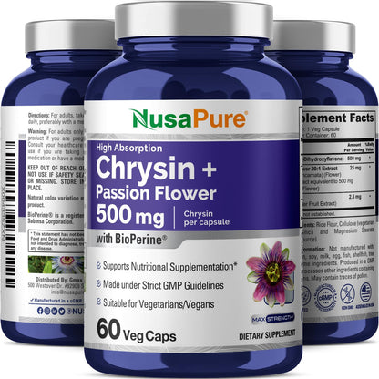 NusaPure Chrysin 500mg, 60 Veggie Capsules | Passion Flower Complex 500mg Supplement | 5, 7-Dihydroxyflavone | Concentrated Extract | Non-GMO, BioPerine & Vegan NusaPureBuy Supplements Australia