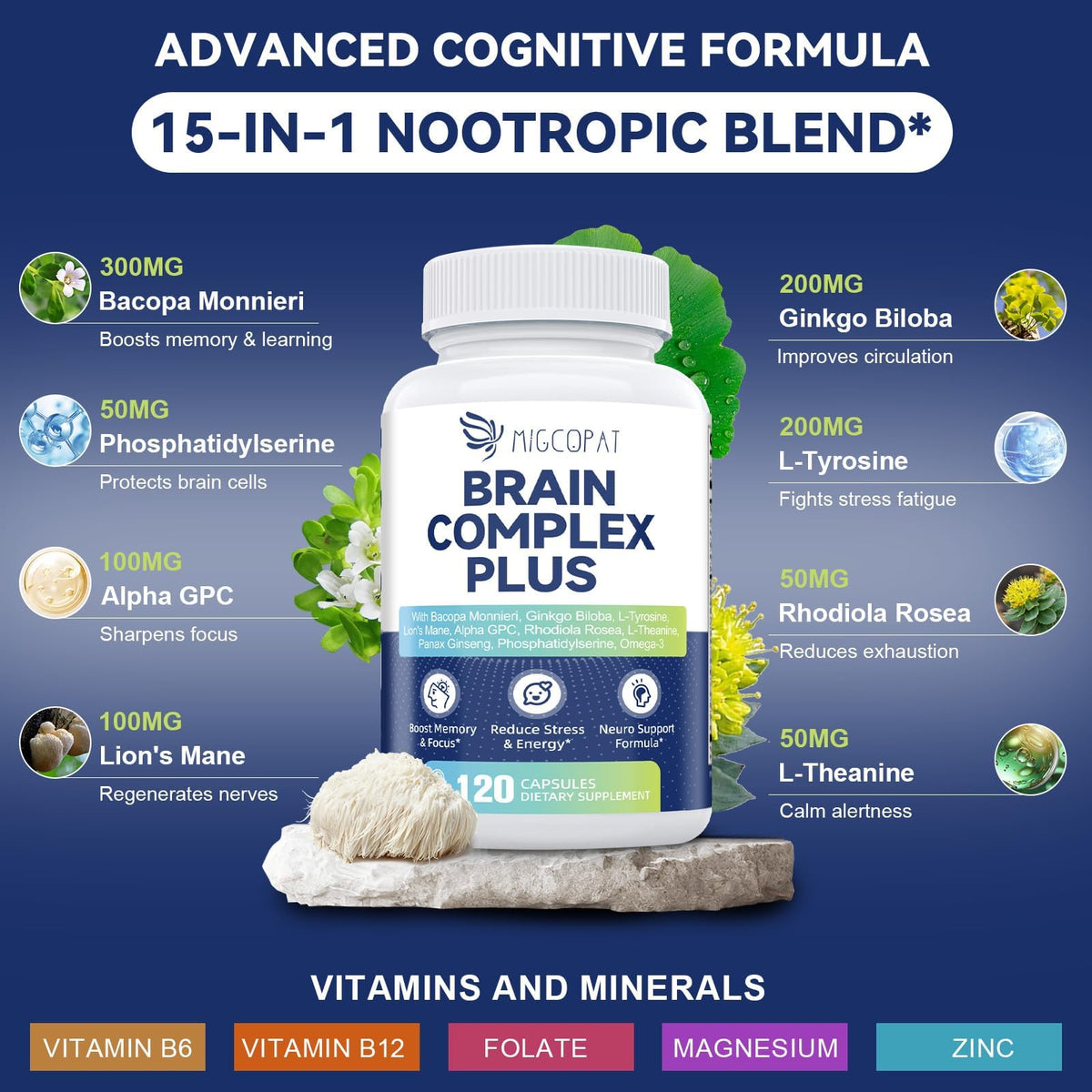 Brain Supplements for Memory and Focus | Nootropic with Bacopa Monnieri, Lion's Mane, Alpha GPC, Ginkgo Biloba | Mental Clarity & Cognitive Support | Vitamin B6 & B12 Neuro Health - Non-GMO, 120 Caps MigcopatBuy Supplements Australia