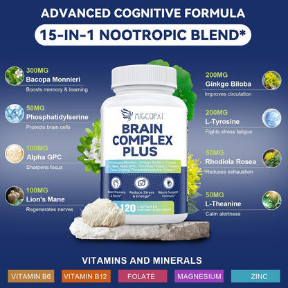 Brain Supplements for Memory and Focus | Nootropic with Bacopa Monnieri, Lion's Mane, Alpha GPC, Ginkgo Biloba | Mental Clarity & Cognitive Support | Vitamin B6 & B12 Neuro Health - Non-GMO, 120 Caps MigcopatBuy Supplements Australia