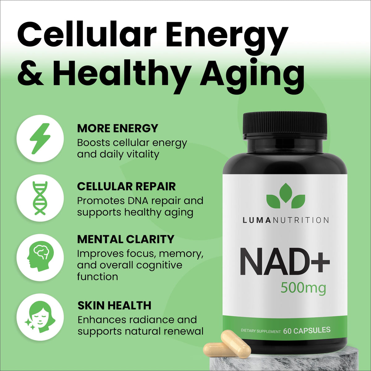 Luma Nutrition NAD+ Supplement 1000mg (500mg per Capsule) – Aging Plus Energy, Metabolism & Cellular Support – Pure NAD Supplements for Women & Men, Made in USA Luma NutritionBuy Supplements Australia