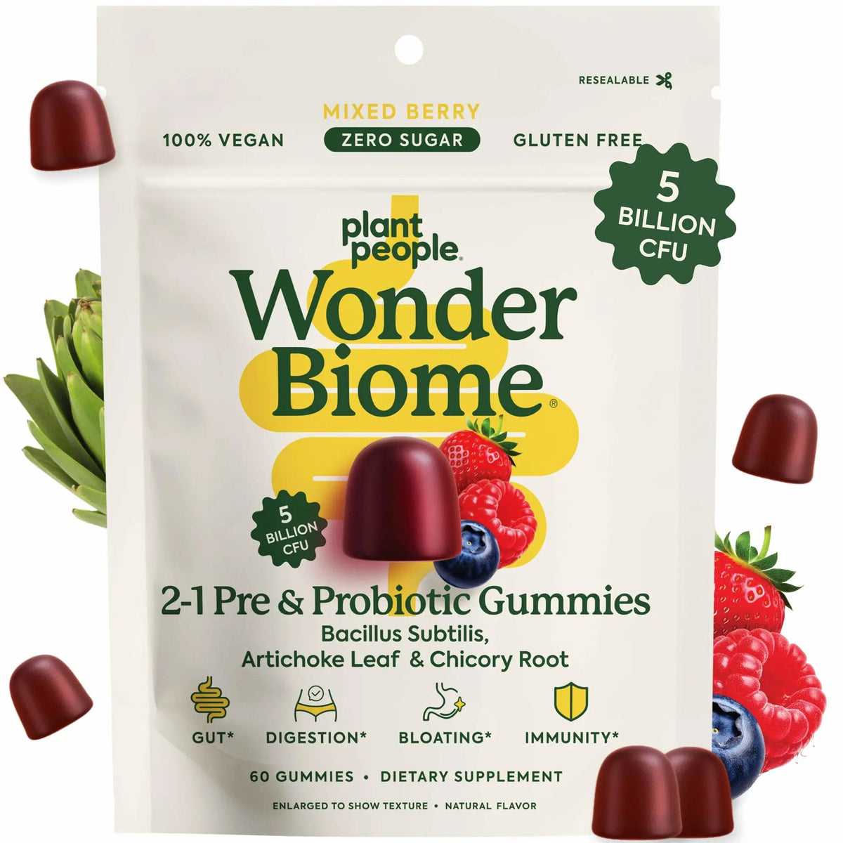 Plant People WonderBiome 2-in-1 Prebiotic + Probiotic Gummies – Zero-Sugar Vegan Digestive Health & Bloating Relief – 5 Billion CFU Bacillus Subtilis DE111 + Artichoke & Chicory – 60 Count Plant PeopleBuy Supplements Australia
