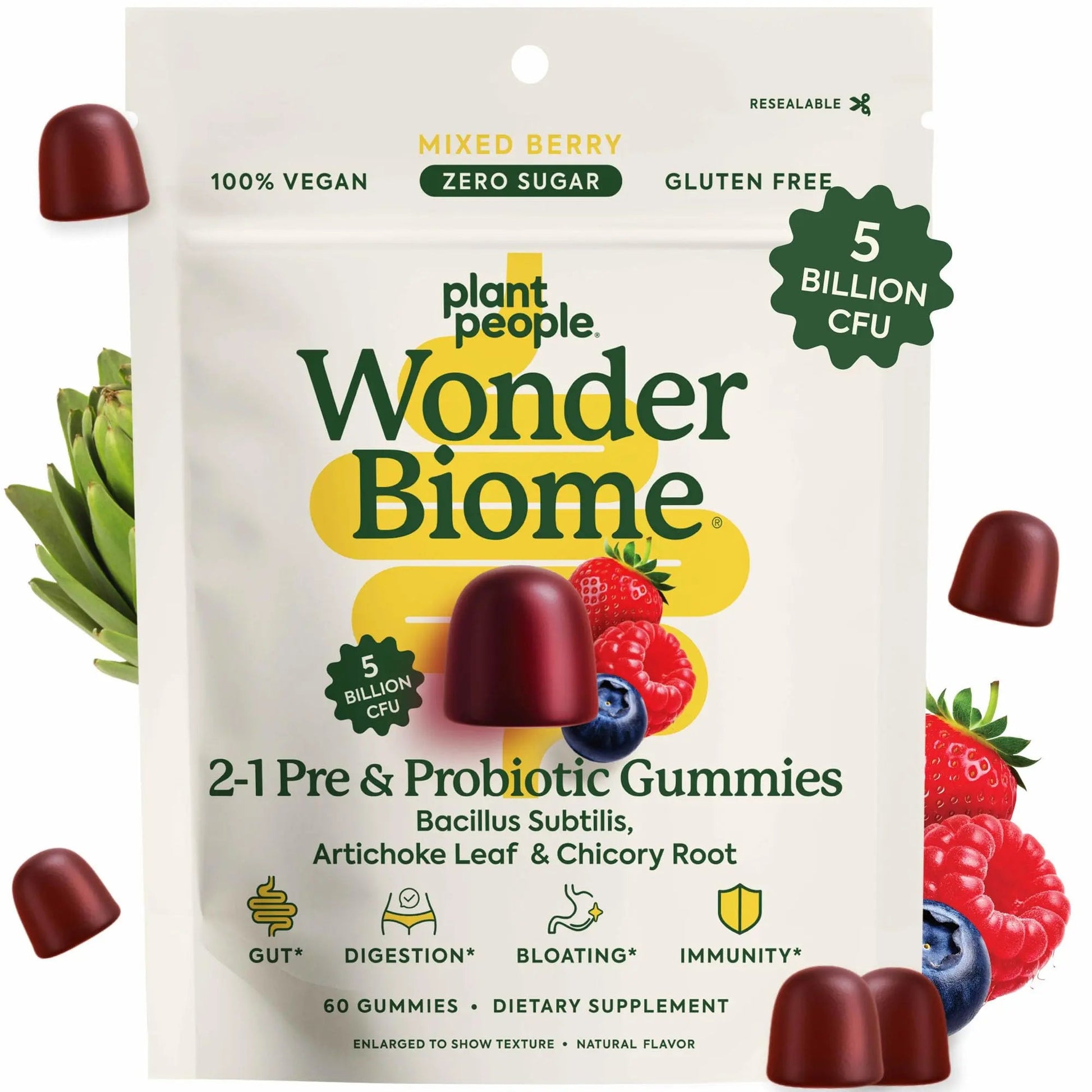 Plant People WonderBiome 2-in-1 Prebiotic + Probiotic Gummies – Zero-Sugar Vegan Digestive Health & Bloating Relief – 5 Billion CFU Bacillus Subtilis DE111 + Artichoke & Chicory – 60 Count Plant PeopleBuy Supplements Australia