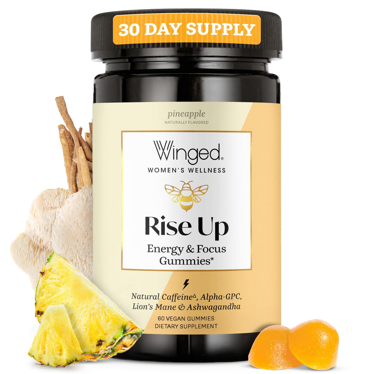 Winged Wellness Rise Up, Energy & Focus Gummies for Women - Daily Brain Boost Gummy Supplement with Natural Caffeine, Ashwagandha, B12, Nootropics Alpha-GPC & Lion’s Mane - Pineapple, 60 Gummies Winged WellnessBuy Supplements Australia